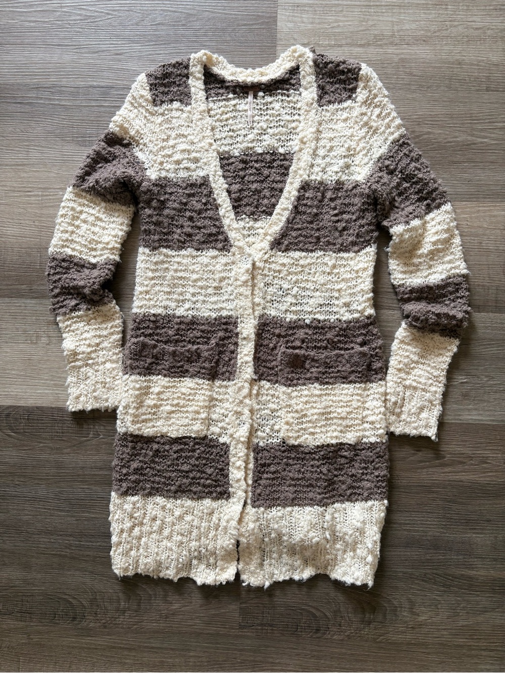 Free People Striped Boucle Knit Longline Cardigan Sweater XS Brown Cream